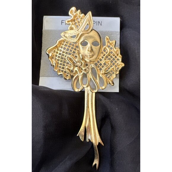 Venetian Mask 4" Large Vintage 80's Casual Corner Signed Gold Tone Brooch NEW - Picture 2 of 9